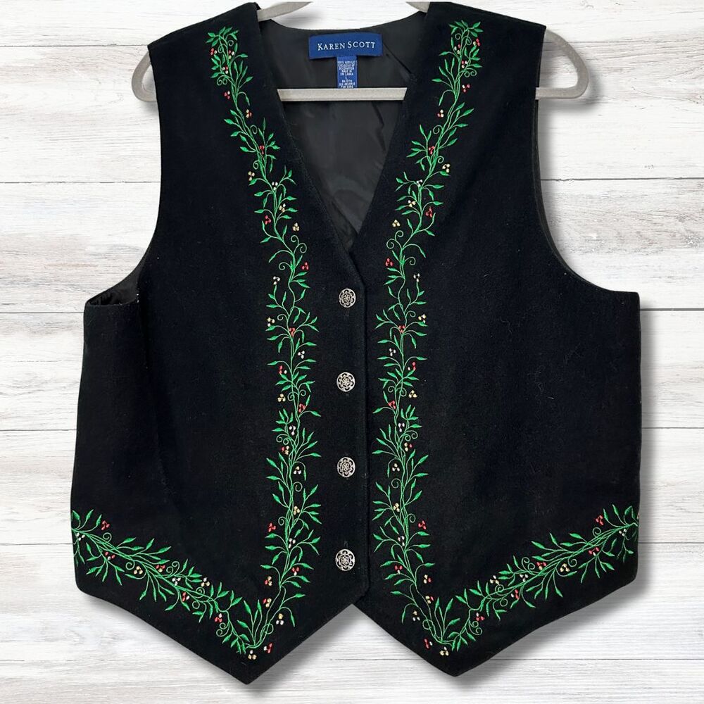Vtg Karen Scott Christmas Vest Women Large Embroidered 90s Holiday Party Teacher